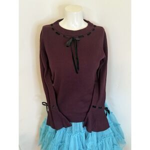 Ivanka Trump Flared Tie Sleeve Sweater Burgundy Black Velvet Trim Size S Acrylic